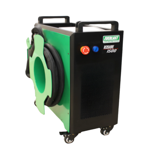 Everlast RedSabre 1500 Laser Welder with air-cooled fiber laser technology, 1500W power, and 1070 nm wavelength. Features an ergonomic gun, 240V 1-phase power, and a 10m cable. Welds, cuts, and cleans/descales. Welds steel up to .160" and aluminum up to .140", with a maximum weld of 5/32" (4mm) on mild/stainless steel and 1/8" (3.5mm) on aluminum. Includes separate wire feeder, 116 lbs base unit, and detachable touch screen controls. Portable, compact design with efficient cooling for precision welding.